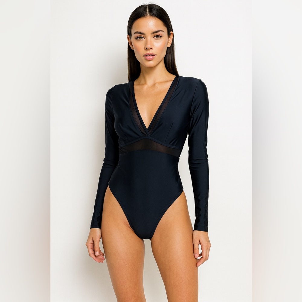 Long-Sleeve Black One-Piece Bodysuit / Swimsuit